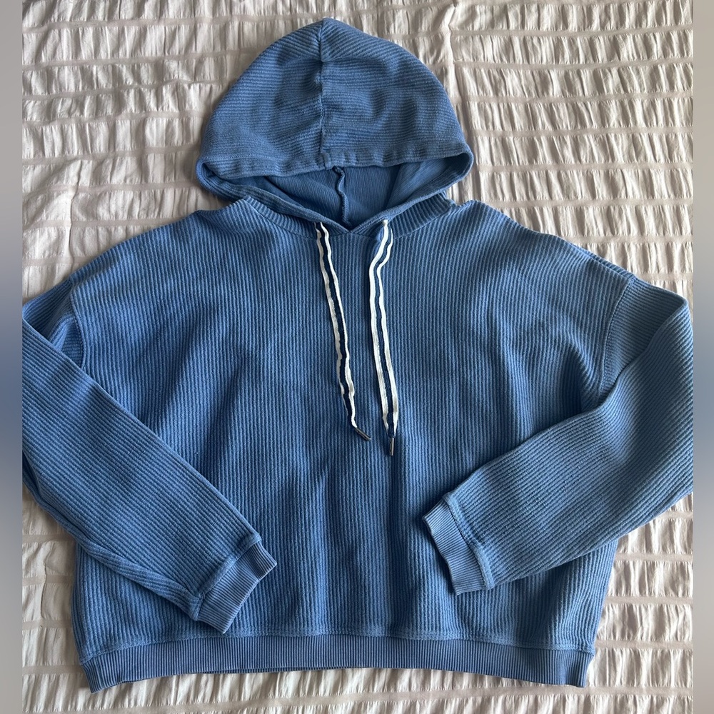 Aerie Blue Ribbed Cropped Hoodie with Drawstrings (S)